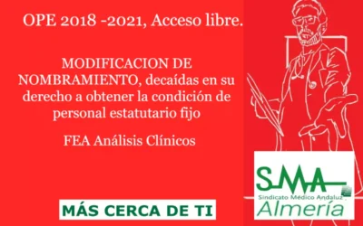 OPE 2018 -2021. MODIFICACION DE NOMBRAMIENTO, decaídas en su derecho a obtener la condición de personal estatutario fijo. FEA Análisis Clínicos.