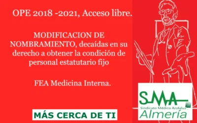 OPE 2018 -2021. MODIFICACION DE NOMBRAMIENTO, decaídas en su derecho a obtener la condición de personal estatutario fijo. FEA Medicina Interna.