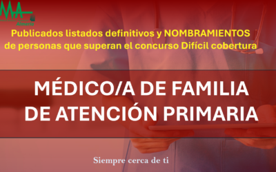 OPE 2025: Publicados listados Definitivas y Nombramientos de aspirantes que superan la fase de concurso-oposición para Medico/a de Familia de Atención Primaria Difícil cobertura.